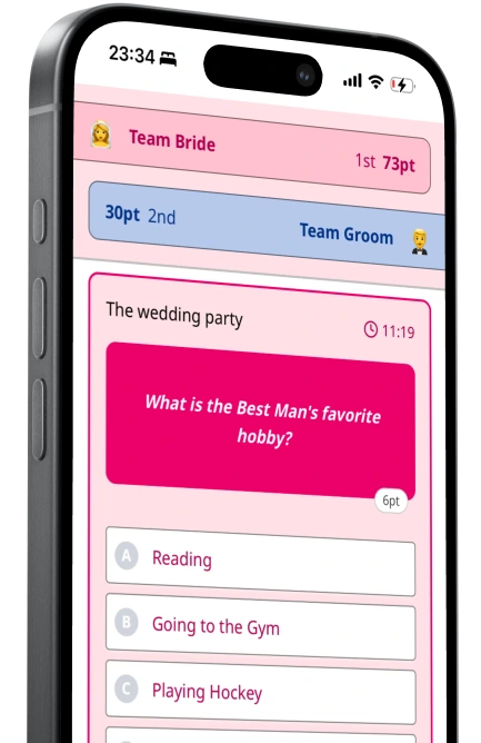 A screenshot of the app showing a customised wedding quiz. The question is about the best man's favourite hobby.